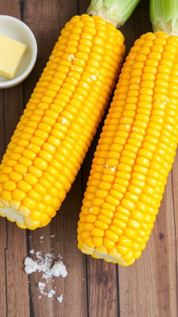 Two ears of corn on the cob with butter and salt on a rustic wooden table.